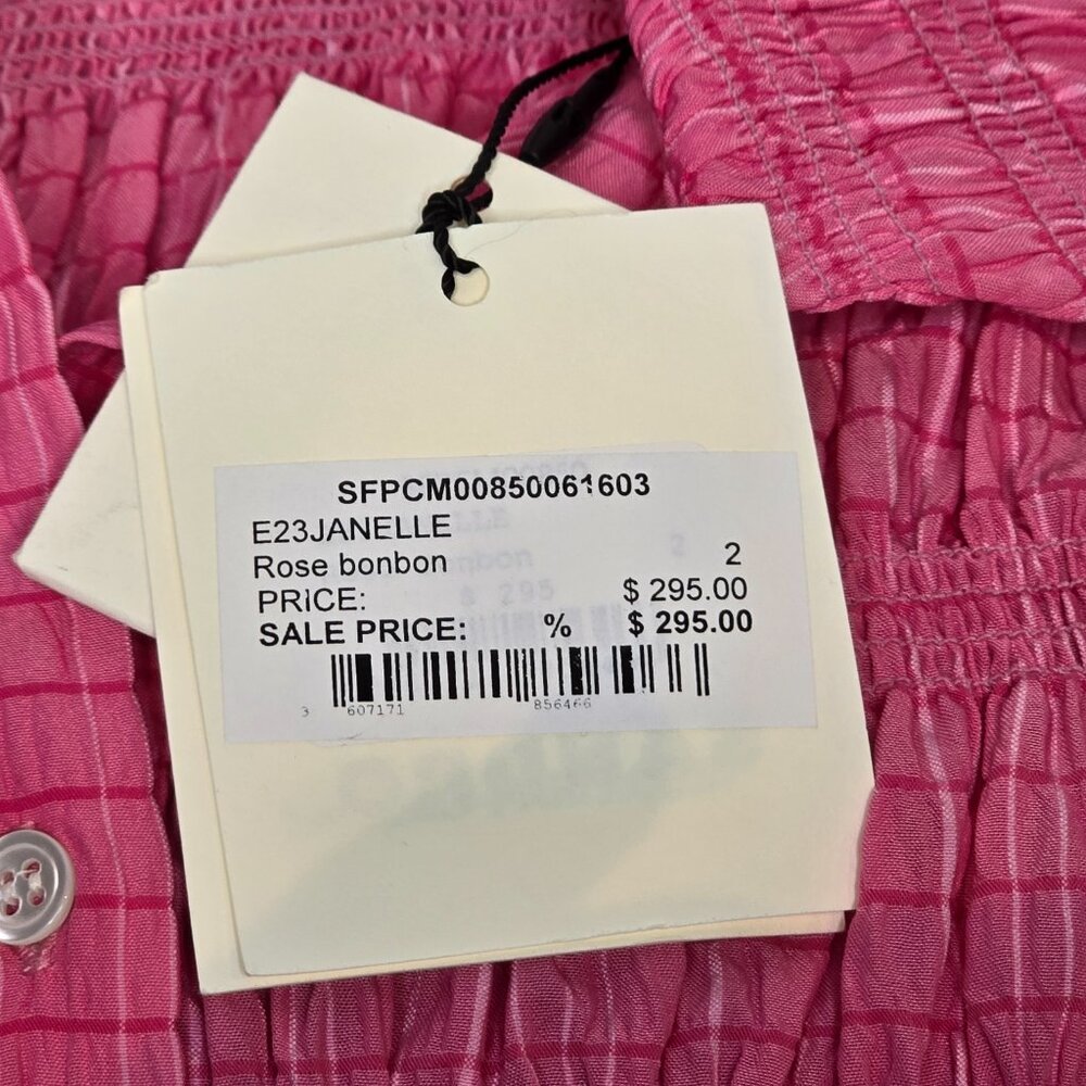 Sandro Janelle Stripe Smocked Cropped Blouse in Rose Bonbon, FR 2/ M, NWT - Picture 5 of 9